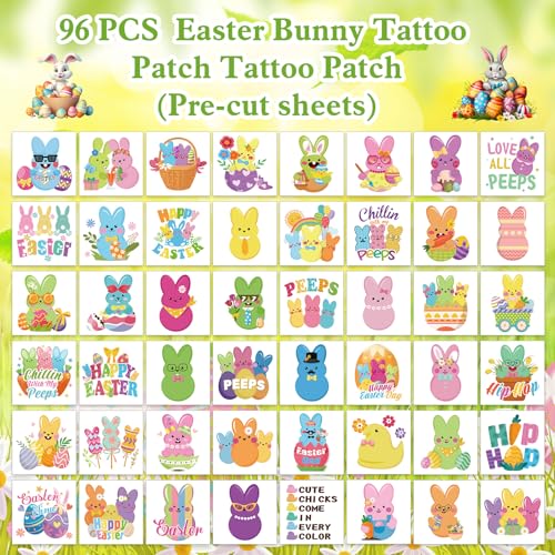 HOWAF 96pcs Easter Bunny Peeps Temporary Tattoos, Rabbits Tattoo Stickers for Kids Easter Party Supplies, Easter Eggs Tattoo Stickers Easter Face Tattoos Easter Gift Bag Filler