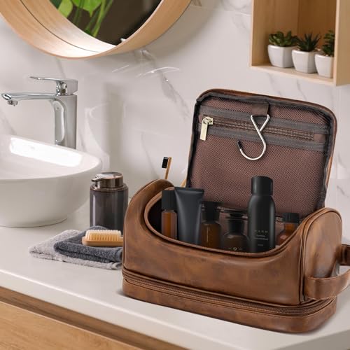 Personalized Christmas Birthday Gifts Toiletry Bag for Men Dad Husband, Custom Initial PU Leather Waterproof Toiletry Organizer Dopp Kit Shaving Bag Travel Essential for Men, Light Brown J