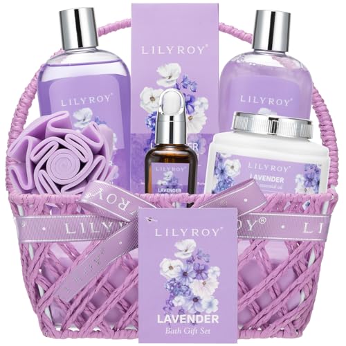 Lavender Spa Gift Set for Women - 7-Piece Relaxation & Bath Gift Basket for Mom