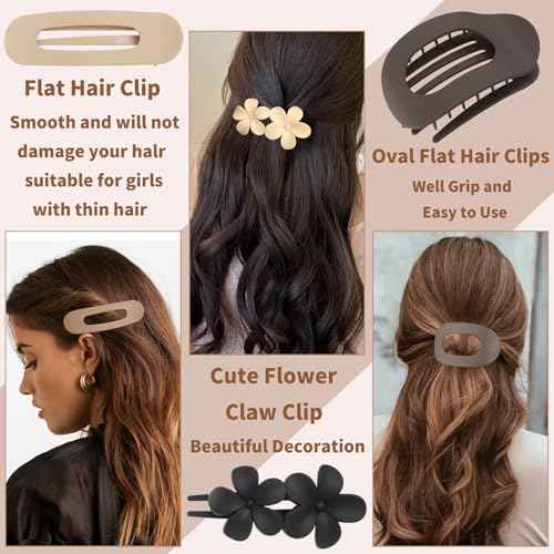 12 Pcs Flat Hair Clips for Women, 3 Styles Matte Flower Hair Clips and Flat Clips, Big and Small Neutral Colors Non-slip Flat Claw Clips Thin Thick Curly Straight Hair Accessories
