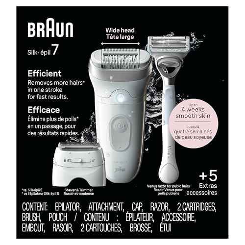 Braun Silk-?pil 7 Epilator, Wet and Dry, Wide Head, Includes Venus Intimate Razor, Shaver Head and Trimmer Comb, SE7-141