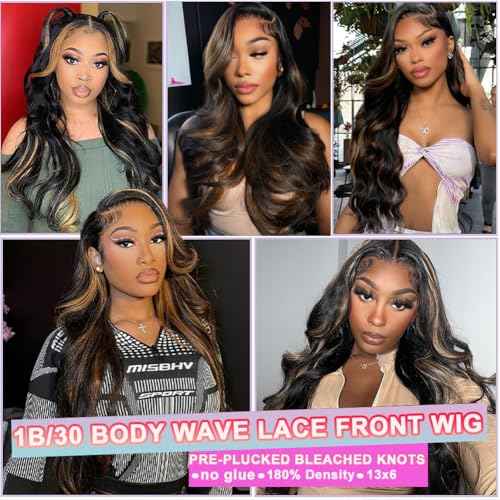 13x6 Ombre Lace Front Wig Human Hair 1B/30 Highlight Lace Front Wig 180% Density Body Wave HD Transparent Lace Frontal Wigs Human Hair Colored Balayage Wig for Black Women 26 Inch