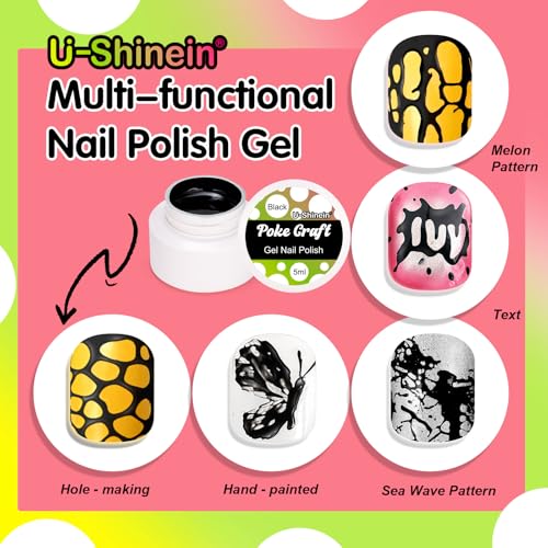 U-Shinein Black Poke Gel Nail Polish Kit with Base Coat & Wood Sticks