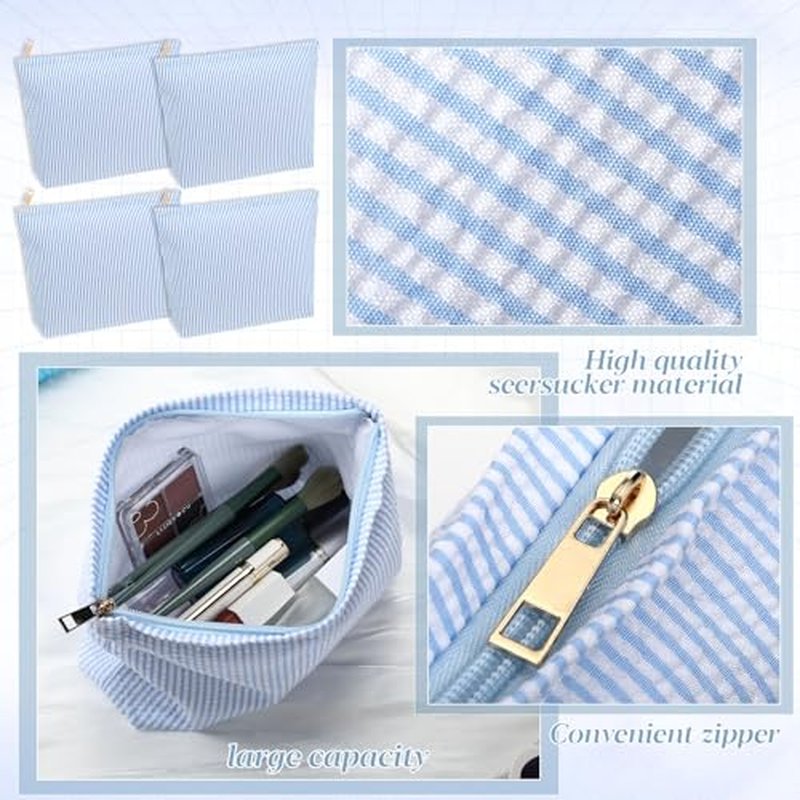Sanwuta 4-Piece Seersucker Striped Makeup Bag Set, Blue