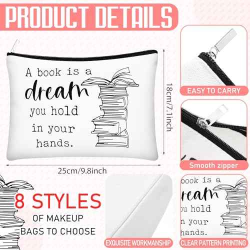 8 Pcs Book Club Gifts Book Lovers Makeup Bag Gifts for Women Cosmetic Bag with Zipper Pouch for Teen Adult Women Lovers Librarian Bookish Club Gifts(Book)