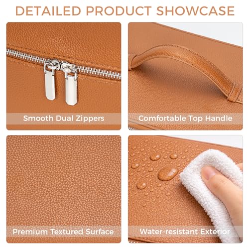 Double Layer Makeup Vanity Case, Large Capacity Cosmetic Bag with Removable Divider & Brush Organizer, Travel Toiletry Bag for Women, Portable PU Leather Organizer with Handle