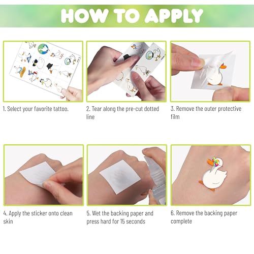 96 PCS Duck Temporary Tattoos for Kids - 8 Sheets