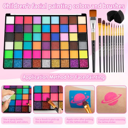 Face Painting Kit for Kids,54 Colors Face Paint Makeup Kit,Non-Toxic Water Activated Facepaint Pallette with Brushes,Stencils,Sponge,Gems,For Halloween,Christmas Carnival, Party,cosplay ctc.