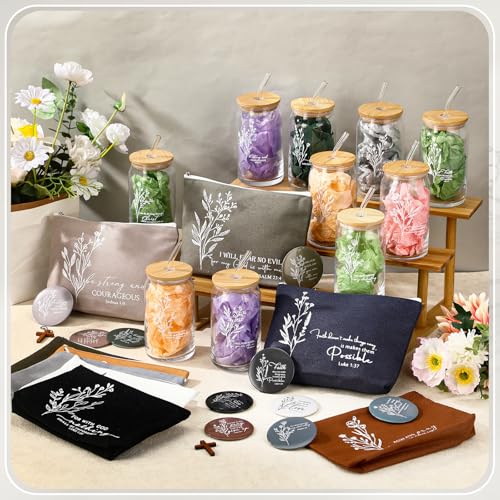 Fumete 10 Sets Christian Gift for Women Easter Mother's Day Sunday School Teacher Makeup Bag Flower Bible Verse Coffee Cup with Bamboo Lid Straw Religious Church Mini Compact Mirror (Bible-d)