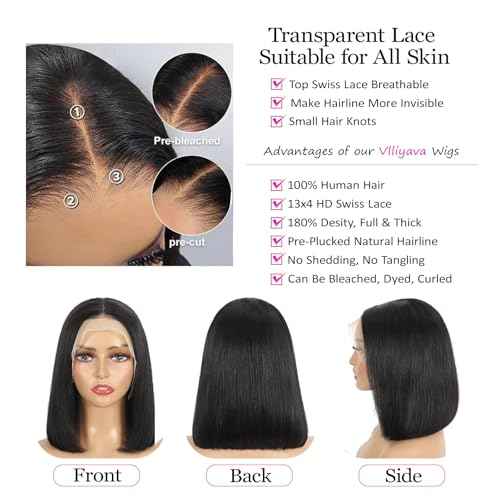 Bob Wig Human Hair for Women, 13x4 Pre-Plucked HD Transparent Lace Front Wigs,180% Density Short Straight Black Bob Wigs (14inch)