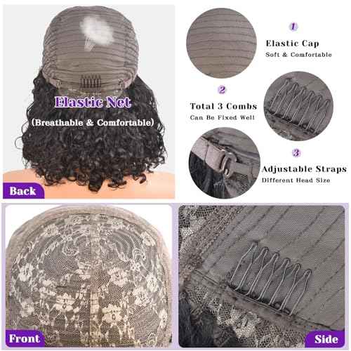 Short Curly Wig With Bangs Human Hair Curly Human Hair Wig With Bangs For Women Glueless 250% Density Water Wave Human Hair Wig With Bangs Natural Black 12Inch