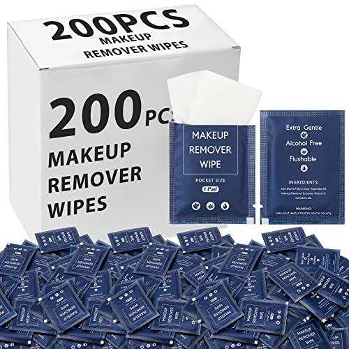 Demissle 200 Pieces Bulk Makeup Remover Wipes Individually Wrapped Face Cleansing Wipes Towelette Makeup Remover Cloth Pads for Face Cleansing Skin Care Makeup Remove (Blue)