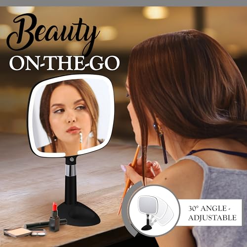MIRRORVANA LED Travel Makeup Mirror - 9x13 Inch Handheld with Bright Lighting, Rechargeable, Adjustable Stand, Black