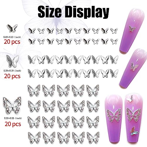 60 PCS 3D Butterfly Nail Charms Alloy Sliver Nail Charms with Rhinestones Crystal Nail Art Charms for Nails DIY Manicure Jewelry Accessories Women Girls Nail Supplies