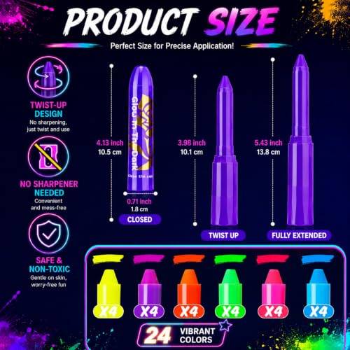 Glow in the Dark Face Paint Crayons - 24 Neon UV Body Makeup Set