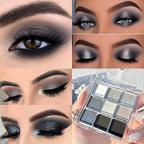 AMY'S DIARY Black Smokey Silver Glitter Eyeshadow Palette 9 Colors - A1