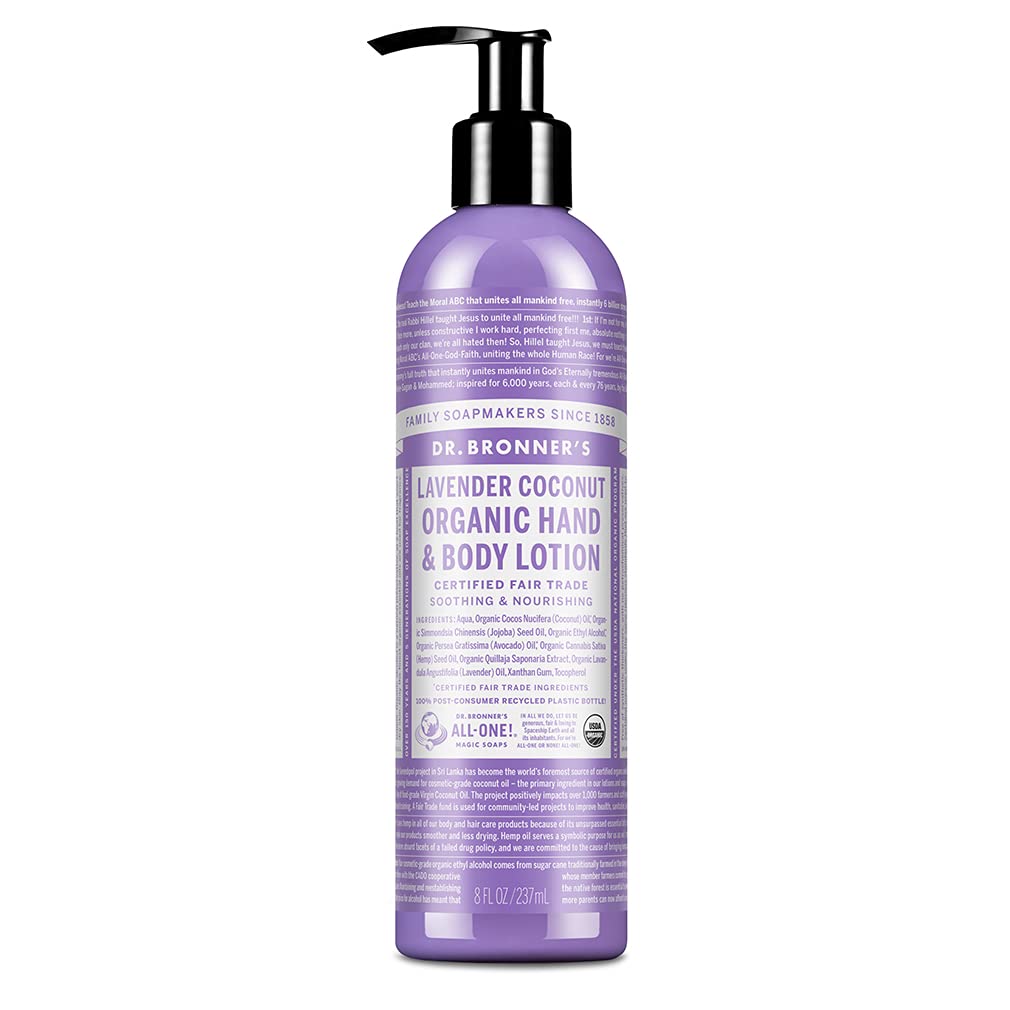 Dr. Bronner's - Organic Lotion (Lavender Coconut, 8 Ounce) - Body Lotion and Moisturizer, Certified Organic, Soothing for Hands, Face and Body, Highly Emollient, Nourishes and Hydrates, Vegan, Non-GMO