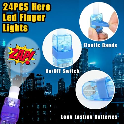 72 Pc Hero Party Favors Set - LED Finger Lights & Tattoos