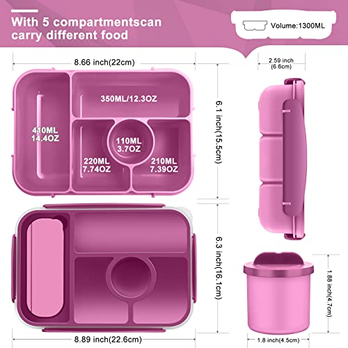 Demiue Lunch Box Kids,Bento Box Adult Lunch Box,Lunch Containers for Adults/Kids/Toddler,5 Compartments Bento Lunch Box with Sauce Vontainers,Microwave & Dishwasher & Freezer Safe(Purple)