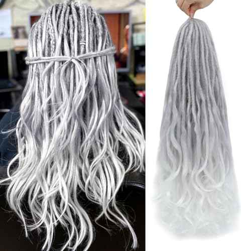 Loose Wave Dreadlocks Synthetic French Curly Double Ended Dreadlock Extensions 24inches 30 Strands Thin Soft Grey to White Spanish Curly DE Dreadlock Extensions for Women (30 Strands, G60)
