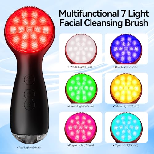 Facial Cleansing Brush, Face Scrubber, Electric Face Brush with 7 Colors, Rechargeable Waterproof Exfoliator with Heat and Vibration, Deep Cleansing and Massage for Men and Women(Black)