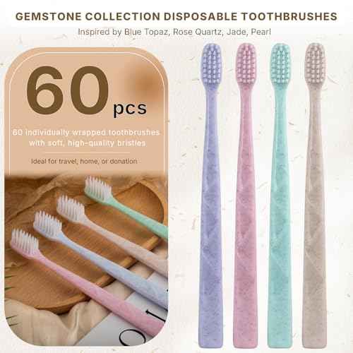 60 Pack Premium Disposable Toothbrush with Tongue Scraper ? Individually Wrapped Bulk Travel Toothbrushes, Soft Bristles for Guests, Hotel, Vacation Rental, Home & On The Go,4 Colors
