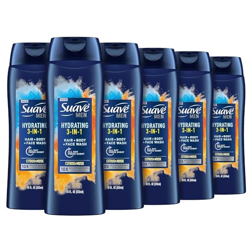 Suave Men 3-in-1 Hydrating Body Wash, Face & Hair, Citrus Musk, 18 Oz (Pack of 6)