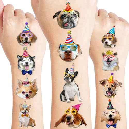 96 PCS Dog Pet Pre-Cut Temporary Tattoos for Kids | Super Cute First Themed Birthday Party Favors, Supplies, Decorations, Animal Fake Tattoo Stickers (Multiple)