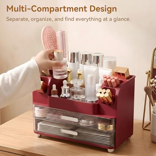 Large-Capacity Makeup Organizer with 2 Drawers & 6 Brush Holders - Red