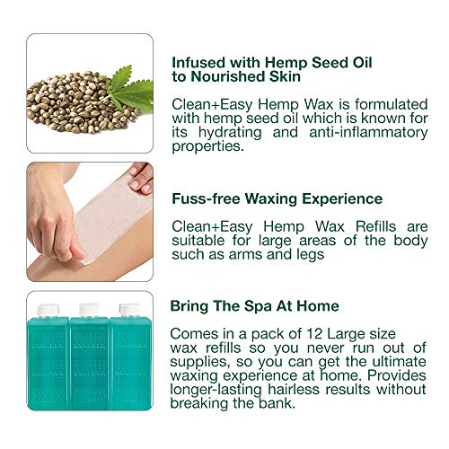 Clean + Easy Hemp Roll On Wax ? Large Soft Wax Refill Cartridge for Hair Removal on for Legs, Arms & Body, 12 Pack