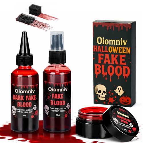 Oiomniv 5PCS Fake Blood Kit, 2.03oz Fake Blood Spray 2.03oz Dripping Blood 1.01oz Coagulated Blood Gel, Realistic Halloween SFX Makeup Washable for Zombie Vampire Cosplay Costume