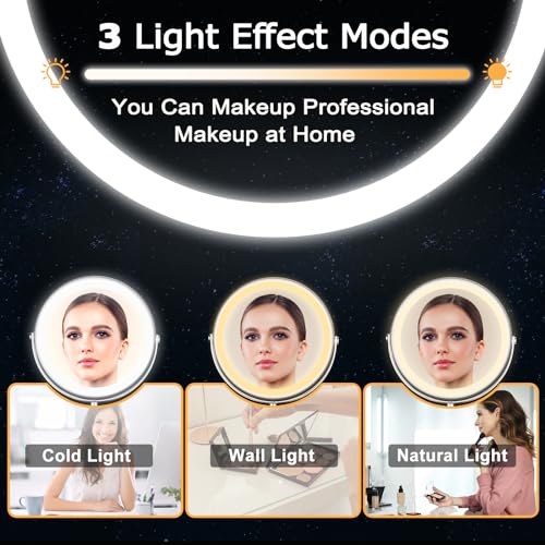 Lighted Makeup Mirror, 9" Rechargeable Vanity Mirror with Lights, Double-Sided 1X/10X Magnification, 3 Color Lights, Brightness Adjustable, 360¡Æ Rotation