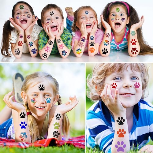12 Sheets Dog Paw Temporary Tattoos, Paw Print Birthday Party Supplies Decorations Cute Face Body Art Fake Tattoo Stickers Paw Print Party Favors Goodie Bag Fillers School Classroom Reward Gifts