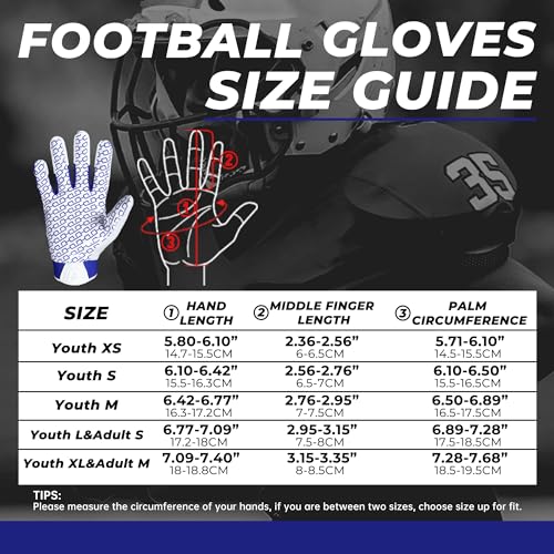 HANDLANDY Football Gloves Youth, Sticky Kids Receiver Gloves for Boys Girls, Stretch Fit Flag Football Gloves (White and Blue, X-Small)