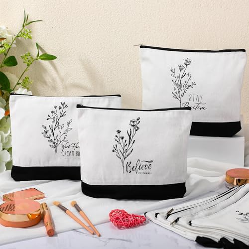 Sanwuta 20pcs International Women's Day Gifts for Women Inspirational Makeup Bags with Zipper Thank You Cosmetic Bags Gift for Coworkers Employee Volunteer (Flowers)