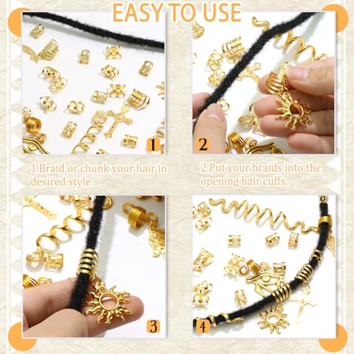 VENOFEN 27PCS Gold Hair Jewelry for Braids Loc Jewelry Cross Braid Clips Multi Style Loc Dreadlock Beads Sprial Hair Decoration Metal Hair Cuffs Rings Braid Accessories for Women and Men