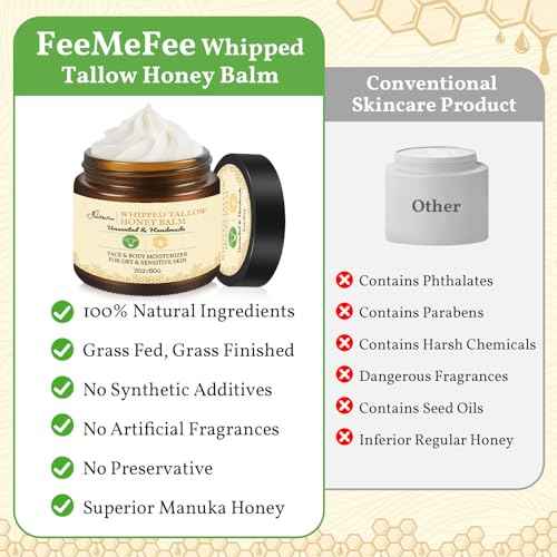 Beef Tallow for Skin 2oz | Tallow And Manuka Honey Balm | Unscented Tallow Face Moisturizer | Beef Tallow for Face | Organic Grass Fed Beef Tallow Balm | Whipped Beef Tallow Lotion Face Cream