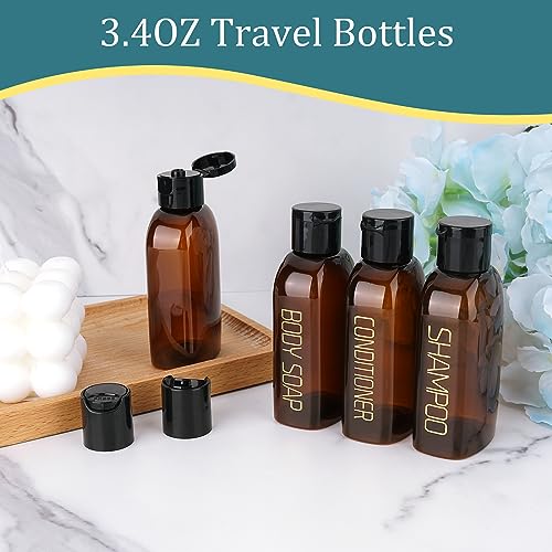 Cosywell 4 Pack 3.4 oz Travel Bottles with Labels - Leakproof TSA Approved Toiletry Containers - Brown, 3 Labeled + 1 Blank