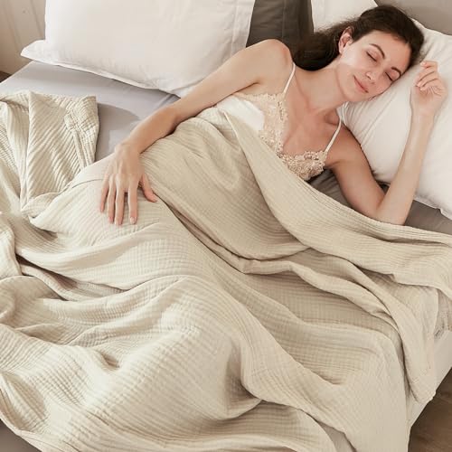 EMME Cotton Bed Blanket Soft Muslin Boho Bedding Lightweight Breathable Twin Blanket All Season Gauze Blanket, Light Tan