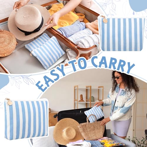 Kacctyen 16 Pcs Blue & White Striped Makeup Bags Set