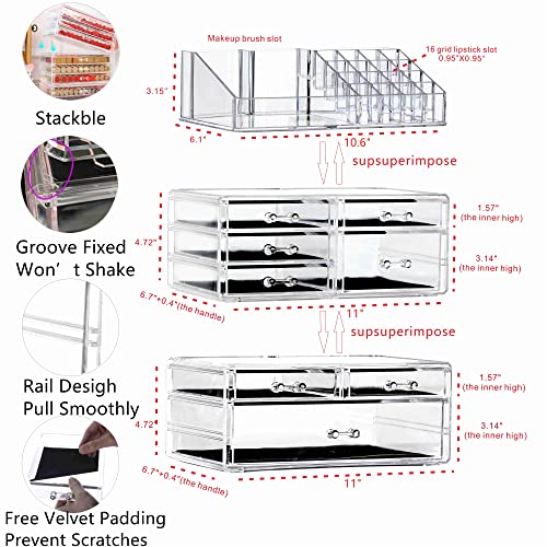 Cq acrylic 3 Pack Clear Make Up Organizer Countertop,Stackable 8 Drawers Makeup Storage,Cute Vanity Organizers for Dresser Hair Clip,Jewelry,Beauty Product Desk and Bathroom Organizers and Storage