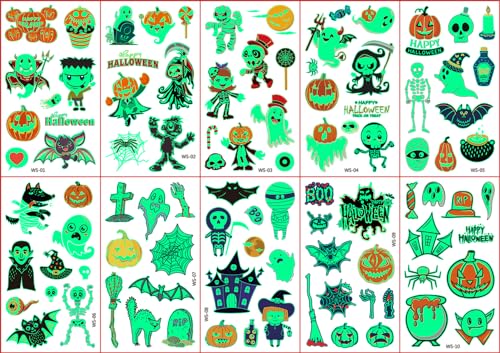 SUNAI Glow-in-the-Dark Halloween Temporary Tattoos, 96 PCS
