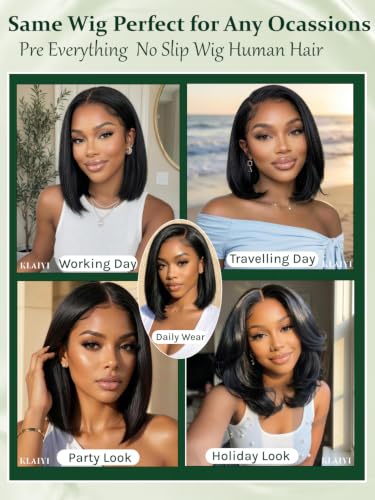 KLAIYI Yaki Straight Bob Wig Human Hair Glueless 13x4 Lace Front, Pre-Plucked & Ready to Wear, 12 Inch