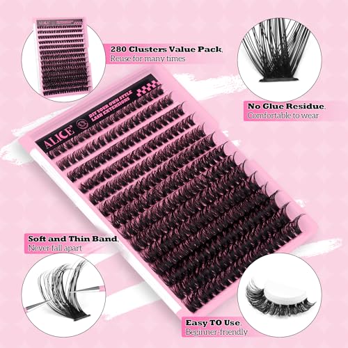 280Pcs Wispy Individual Lashes DIY Eyelash Extensions 8-16MM D-Curly Lash Extensions Lash Clusters 80D Cluster Eyelashes DIY at Home by ALICE