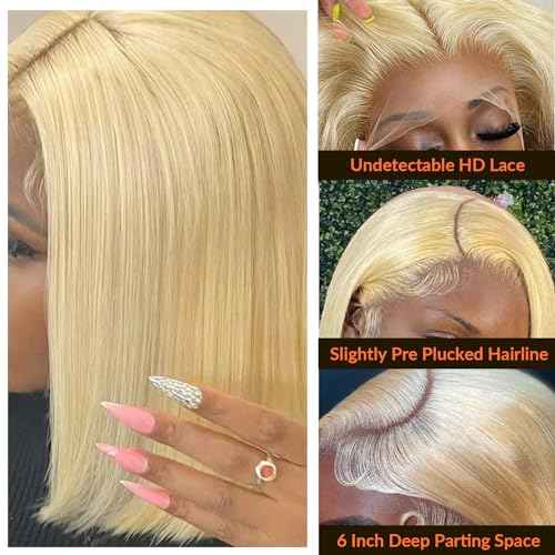 613 Blonde HD Bob Lace Front Wigs - Human Hair, 12 Inch Pre Plucked, Glueless