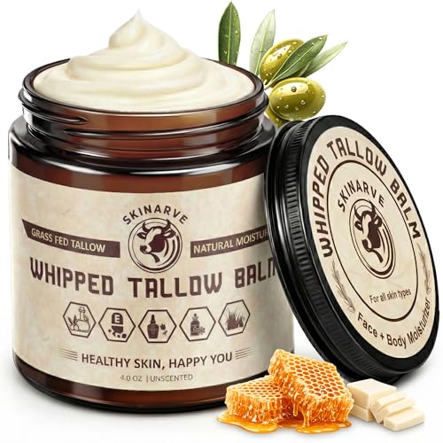 Beef Tallow for Skin 4oz Unscented, Organic Whipped beef Tallow and Honey Balm, 100% Grass Fed Beef Tallow Face Moisturizer For Dry Skin, Lip balm, Eczema Natural Tallow Moisturizer Lotion Body Butter