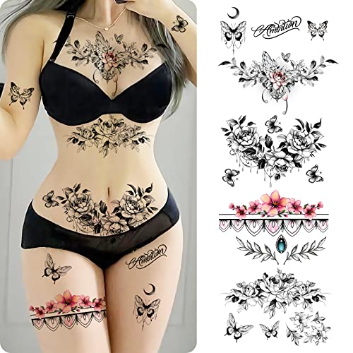 Women's Temporary Tattoo Set - Realistic Flowers & Butterflies