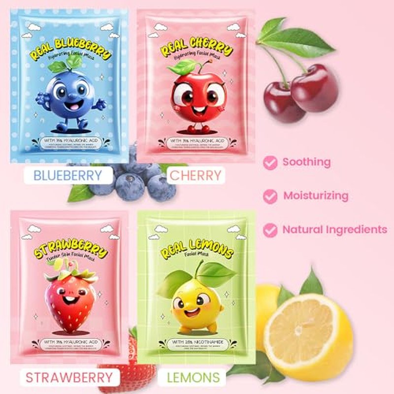 evpct 12-Pack Fruit Sheet Face Facial Masks for Women Skincare Spa, Facial Spa Day Slumber Sleepover Birthday Party Favors Supplies, Natural Ingredients, Hydrate and Soothe for All Skin Types, SetA01