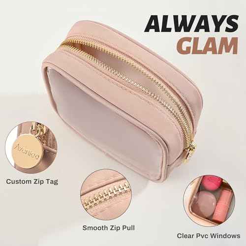Aveniee Small Clear Makeup Bag, Mini Makeup Bag for Purse Organizer, Cosmetic Bag Travel Zipper Pouch for Women, Cute Car Accessories for Skincare Lipstick Essentials-Sand