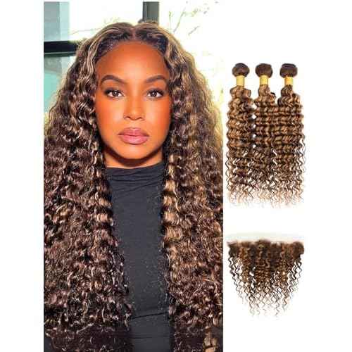 Honey Blonde Highlight 3 Deep Wave Bundles with 13x4 Frontal Human Hair 16 18 20+16, 12A 100% Virgin Thick Track Brazilian Weaves P4/27 Ombre Brown Curly Bundles with HD Lace Frontal Pre Plucked